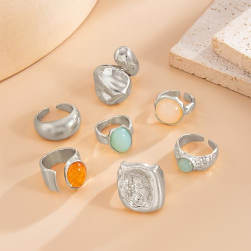 Chunky Rings for Women Stackable Vintage Adjustable Rings for Women Gold Statement Stone Ring Set Non Tarnish Vintage Jewelry - style: Silver