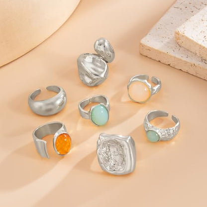 Chunky Rings for Women Stackable Vintage Adjustable Rings for Women Gold Statement Stone Ring Set Non Tarnish Vintage Jewelry - style: Silver
