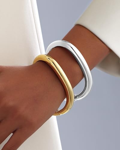 2pcs Gold Bangle Bracelets for Women, Trendy Hinged Cuff Open Wide Chunky Gold Bracelet Stack Arm Cuff Jewelry for Women - color: G-Gold Silver Bangle