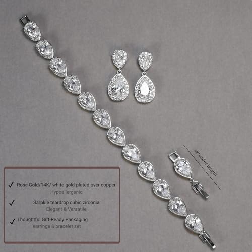 Bride Teardrop Earrings & Bracelet Wedding Jewelry Set, Cubic Zirconia Bridal Bridesmaid Party Formal Prom Gift - color: White Gold