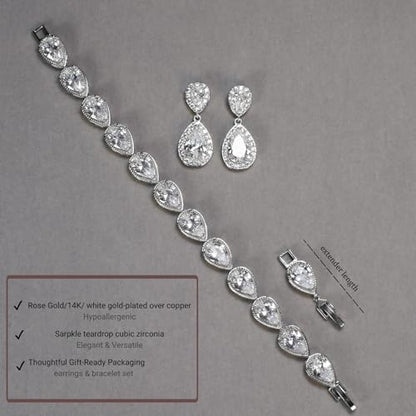 Bride Teardrop Earrings & Bracelet Wedding Jewelry Set, Cubic Zirconia Bridal Bridesmaid Party Formal Prom Gift - color: White Gold
