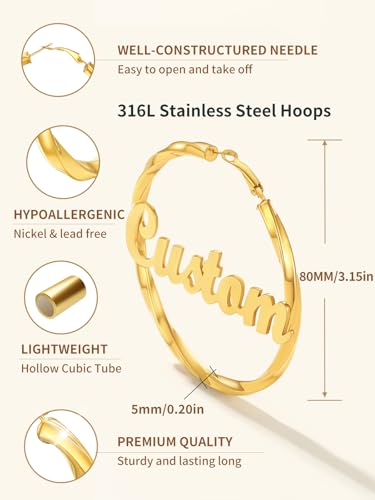 FindChic Twisted Hoop Earrings for Women, Silver/Black/14K Gold Plated Hypoallergenic Hollow Tube Rounded Loop Earrings, 30mm/40mm/60mm/80mm Hoops with Custom Name Options and Gift Box - color: f.Gold (Custom Name), size: 80MM