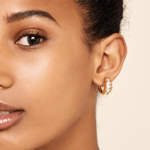 CZ Huggie Hoop Earrings for Women | Sparkly Cubic Zirconia, Small Hoop, Lightweight, Everyday Fashion Jewelry - color: Baguette CZ - Silver
