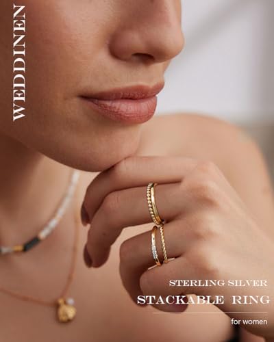WEDDINEN 4PC Gold Rings for Women, S925 Sterling Silver 14k Gold Filled Plated Stackable Thin Thumb Ring Set Cubic Zirconia Dainty Stack Gold Knuckle Rings Set Size 6-10 - color: Gold, size: 11