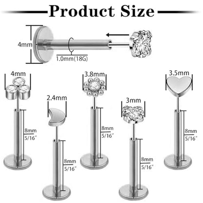 Uni-J 10pcs 20G/18G/16G Threadless Push-in Tragus Conch Cartilage Flat Back Helix Labret Monroe Lip Ring Daith Piercing Jewelry - color: Silver 8mm