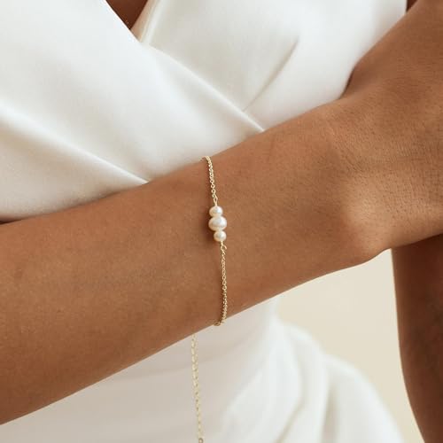 SLOONG 14K Gold Plated Pearl Bracelets for Women Trendy | Dainty Stackable Layered Chain Bridesmaid Bracelets, Waterproof Wedding Jewelry for Women Adjustable 6"+2" - color: Style4(Pearl)