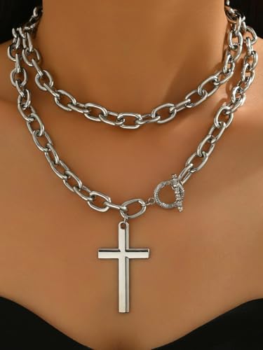 Chunky Gold Cross Necklace for Women Layered Necklace Retro Big Gold Cross Pendant Necklace Statement Chunky Chain Choker Necklaces Thick OT Buckle Chain Long Necklace Jewelry - style: Style1-silver