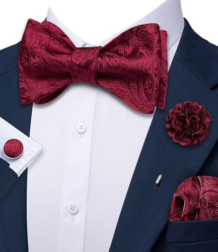 YOHOWA Bow Ties for Men Self-tied Silk Bowtie Solid Color with Lapel Pin and Handkerchief Cufflinks for Wedding Party Prom - color: A Both Burgundy