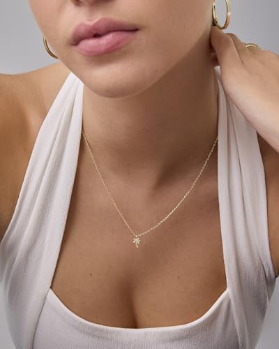PAVOI 14K Gold Plated Dainty Cubic Zirconia Pendant Necklace for Women | Dot, Elephant, Butterfly, Pineapple, Lock, Knot, Palm Tree, Bow, Smiley Pendant | Layering Chain Necklaces - style: Palm Tree