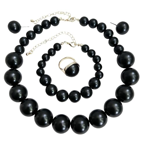White Faux Pearl Necklace and Earrings Set Big Large Pearl Bead Ball Beaded Choker Necklace Black Pink Pearls Statement Bracelet Ring for Women - color: black