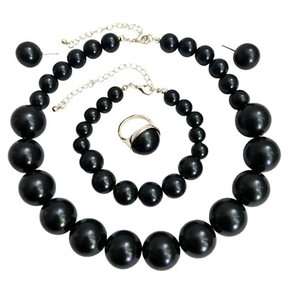 White Faux Pearl Necklace and Earrings Set Big Large Pearl Bead Ball Beaded Choker Necklace Black Pink Pearls Statement Bracelet Ring for Women - color: black
