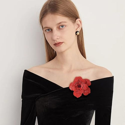 Rhinestone Flower Brooch Pin for Women Men Elegant Sparkly Crystal Camellia Floral Lapel Pins Shawl Dress Suit Clothes Accessories Wedding Party Fashion Jewelry 105mm - color: Red