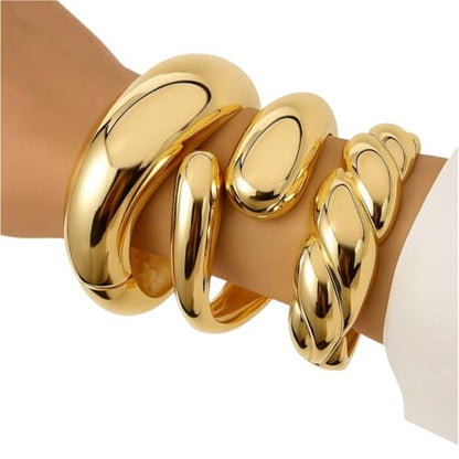 Chunky Gold Bangle Bracelets for Women – 14K Gold Plated, 3-Piece Stackable Cuff Bangles Set, Trendy Minimalist Jewelry - style: Gold-2