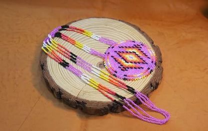 Handmade Native American Style Tribal ethnic Seed Bead Beaded Layered Medallion Necklace - color: Pink Geometric