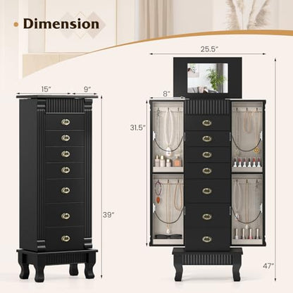 Giantex Standing Jewelry Cabinet with 7 Drawers, Flip-Top Mirror, 2 Side Doors with 12 Necklace Hooks, Divided Ring Compartments, Velvet-Lined Jewelry Armoire Organizer Chest (Black) - color: Black