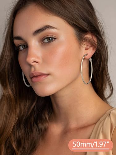 FaithHeart Silver/Black/Gold Stainless Steel Thin Hoop Earrings for Women | 2mm Wide Thin Large Hoop Earrings, Hypoallergenic Lightweight Trendy Jewelry, 20/30/40/50/60/70/80/90/100mm - color: Silver, size: 50mm/1.97"