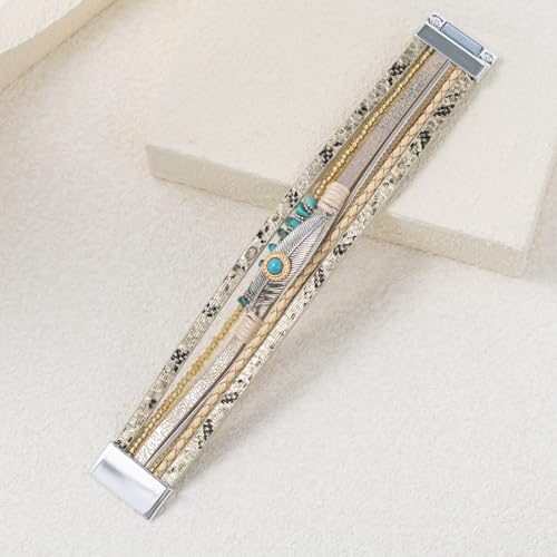 Western Turquoise Leather Cuff Bracelets Boho Feather Cowgirl Jewelry | Stackable Country Hippie Wrap Bangle Set Magnetic Clasp Chunky Beaded Stone Bohemian Statement Outfits for Women Trendy - color: Gold