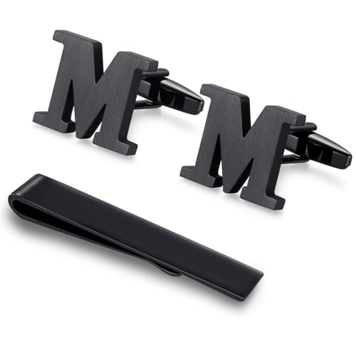 HONEY BEAR Black Initial Letter Round Cufflinks Tie Clip Set for Men | Wedding Business, Tarnish-Resistant, Steel-Plated Copper Base, Gift Box, for Groomsmen, Father, Husband, Anniversary, Formal - style: M