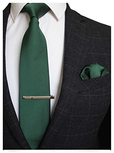 JEMYGINS Solid Color Formal Necktie and Pocket Square Tie Clip Sets for Men - color: Dark Green