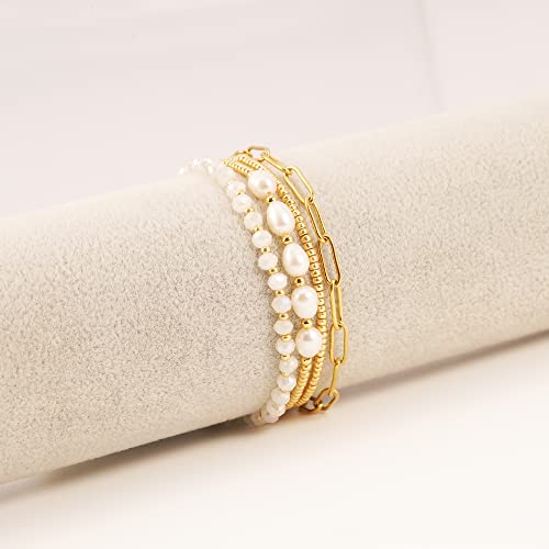 Dainty Gold Plated Pearl Crystal Beaded Bracelets Set for Women 14K Gold Plated Bead Pearl Beads Bracelet Stackable Paperclip Link Chain Bracelets Gold Plated Bracelets for Women Trendy Jewelry - color: Style2