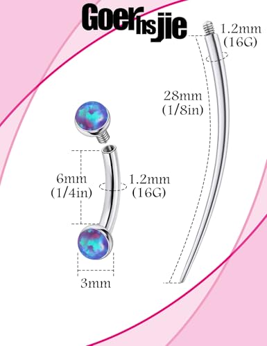 F136 Titanium 16g 6/8/10mm Opal Eyebrow/Rook/Snug/Vertical-Labret/VCH/Snake-Eyes/Anti-Tragus/Christina/Daith/Belly-Button/Bridge/Hood/Surface Curved Barbell Piercing Jewelry for Women Men - color: Purple, size: 6mm=1/4in