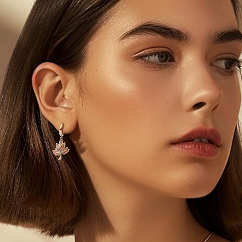 Sonateomber Christmas Tree Dangle Small Gold Hoop Earrings for Women, Cute Sparkly CZ Rhinestone Maple Clover Leaf Drop Earings Thanksgiving Holiday Accessories Fashion Jewelry Gift - color: Fall Orange