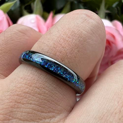 TUTISS 4mm Silver/Black Tungsten Rings for Women Men Engagement Wedding Bands Genuine Blue Green Galaxy Opal Inlay Domed Polished Comfort Fit - color: 4mm Black Tungsten Blue Galaxy Opal