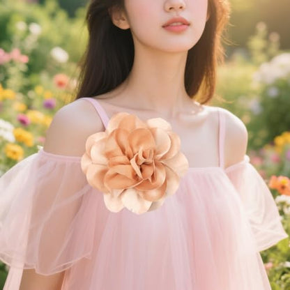 Large Rose Flower Brooches Chiffon Camellia Brooch Lapel Pins Hair Clips Hat Pins for Women Wedding Banquet Accessories Large Satin Flowers 5.5in - color: Khaki