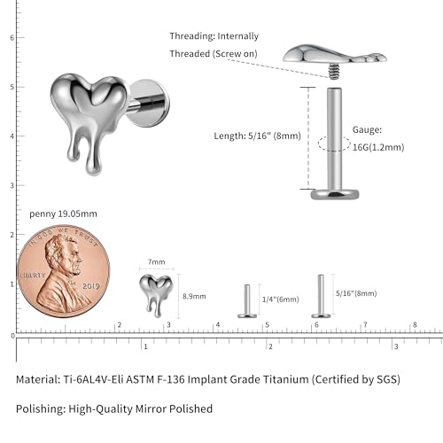 ASTM F136 Titanium Halloween Piercing Jewelry 16G 6mm 8mm, Cartilage Flatback Earring Stud for Helix Conch, Hypoallergenic, Nickel free - color: Molten Heart - Tit