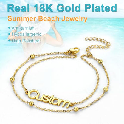 U7 Custom Layered Ankle Bracelets for Women Stainless Steel Bead/Cuban/Figaro/Rope/Wheat Chain Anklet Waterproof Anklet Jewelry for Beach Vacation - color: a-Gold Plated-Bead Chain