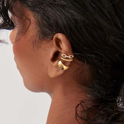 MEVECCO Ear Cuffs Non Piercing 18K Gold Plated Ear Cuff Earring Sets Clip on Cartilage Cubic Zirconia Pearl Minimalist Hypoallergenic Fake Hoop Earrings Stack Women Gifts - style: 3pcs-Chunky