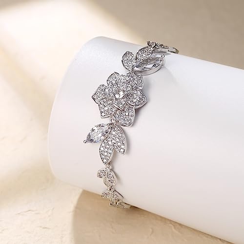 Crysdue Marquise Teardrop Cubic Zirconia Wedding Bridal & Prom Tennis Bracelets for Brides Bridesmaids, Silver/Gold/Rose Gold Plated Bracelet Gifts for Women - style: P-Flower-Clear CZ 7"