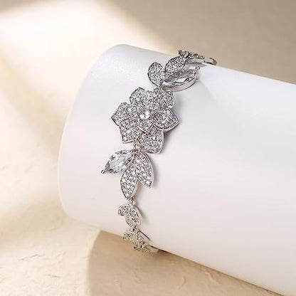 Crysdue Marquise Teardrop Cubic Zirconia Wedding Bridal & Prom Tennis Bracelets for Brides Bridesmaids, Silver/Gold/Rose Gold Plated Bracelet Gifts for Women - style: P-Flower-Clear CZ 7"