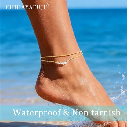 Sterling Silver Ankle for Bracelets Women 14K Gold Waterproof Layered Stackable Chain Sparkling Zircon Adjustable Non Tarnish Anklet Bracelet for Summer Beach Jewelry Gift - color: GoldB