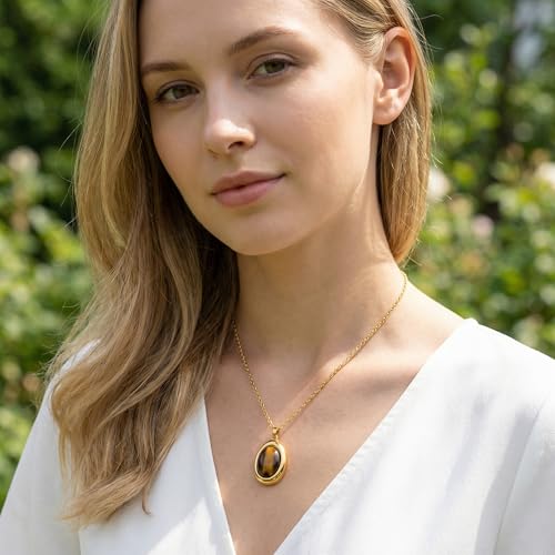 Colorful Natural Stone Necklaces for Women Trendy 14K Gold Plated Oval Gemstone Pendant Statement Necklace Jewelry Gifts for Women - color: Brown