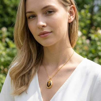 Colorful Natural Stone Necklaces for Women Trendy 14K Gold Plated Oval Gemstone Pendant Statement Necklace Jewelry Gifts for Women - color: Brown