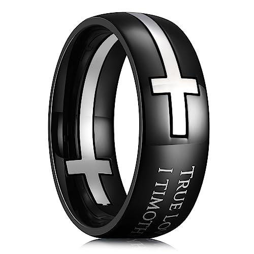 King Will Stainless Steel Men Ring Lord's Prayer Cross Ring Stainless Steel Men Wedding Ring, Wedding Band Bible Engraved Rings High Polished, Comfort Fit | 8mm, Gold/Silver/Black Wedding Band, Bible Engraved Rings, High Polished, Comfort Fit, Size 7-14 -