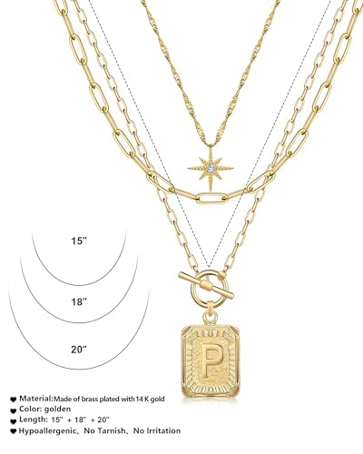 MJartoria Layered Initial Necklaces for Women | 14K Gold Plated Brass, Star Choker, Square Letter Pendant, Paperclip Chain - color: Gold, style: P