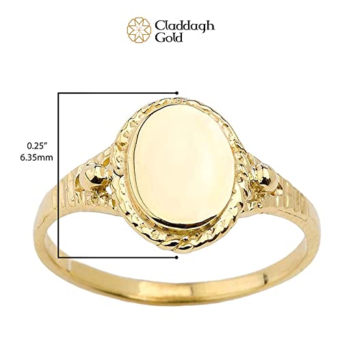 10K Yellow Gold Engravable Oval Signet Ring with Rope Halo and Textured Tapered Band