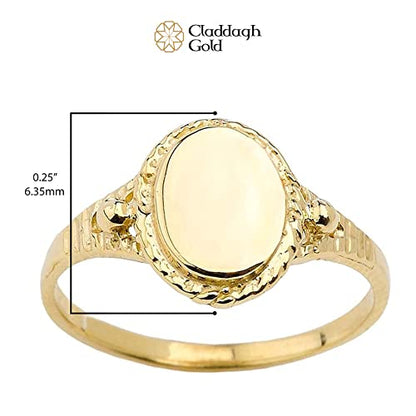 10K Yellow Gold Engravable Oval Signet Ring with Rope Halo and Textured Tapered Band