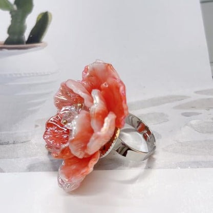 Dtja Large Blossom Flower Statement Ring for Women Silver Plated Colorful Resin Daisy Cherry Floral Adjustable Open Wrap Finger Rings Elegant Wedding Theme Party Jewelry - color: Pink