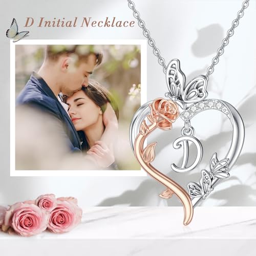 TOUPOP Gifts for Women Her 925 Sterling Silver Rose Heart Initial Necklace Butterfly Heart Jewelry Anniversary Birthday Gifts for Wife Girlfriend Mom - color: D Initial