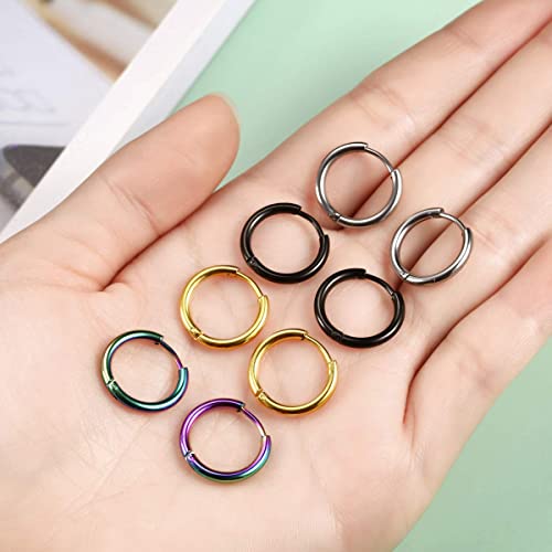 Surgical Stainless Steel Hoop Earrings 8mm/10mm/12mm Small Huggie Hoop Earrings for Women and Men - color: C: Diameter 12mm (4 Color),4 Pairs