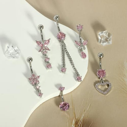 TIANCI FBYJS Surgical Stainless Steel Dangle Belly Button Rings for Women Belly Ring Dangling Piercing Jewelry with Heart Flower Butterfly Silver 14G - color: pink