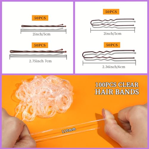 Teenitor 300pcs Bobby Pins Hair Pins Kit, 100 Hair Pin for Women 100 Bobby Pins Brown and 100 Hair Bands, Hair Pins for Buns 2inch 2.36inch 2.75inch - color: Brown