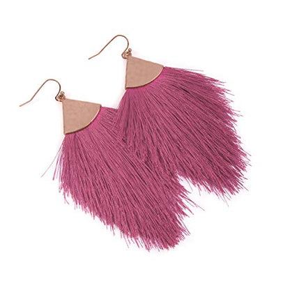 Bohemian Silky Thread Fan Fringe Tassel Statement Earrings - Lightweight Strand Feather Shape Dangles - color: Feather Fringe - Dusty Purple