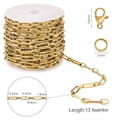 SMYHTGLIF 4 Meters Paperclip Chain Bulk for Jewelry Making Gold Chain Roll | Stainless Steel Chain Permanent Jewelry Necklace Bracelet Chain Handmade Jewelry Making Supplies - color: Paperclip Gold