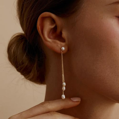 Gold Earrings for Women, 14K Gold Plated Tassel Dangle Earrings for Women Trendy Hypoallergenic Long Chain Earring Dainty Pearl Drop Earrings Elegant Wedding Earring Fashion Jewelry for Womens - color: Pearl&Style 1