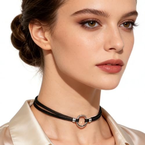 Black Choker for Women, Adjustable Layered Velvet Leather Lace Collar necklace, Goth necklace Gifts - color: Circle