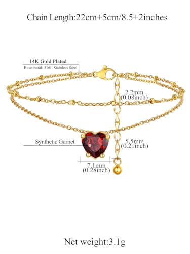 FindChic Bling Heart Birthstone Anklets Layered Beaded Ankle Bracelets for Women Gold/Black/Silver 12 Month Gem Colors Foot Chain Summer Jewelry for Girls, with Gift Box - color: Gold, style: 01. Jan.-Created Garnet (Prong Setting)